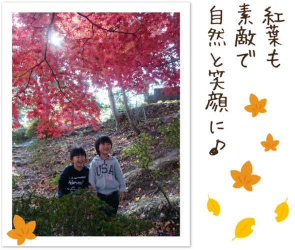 紅葉の下、楽しげな双子のザクロキッズ